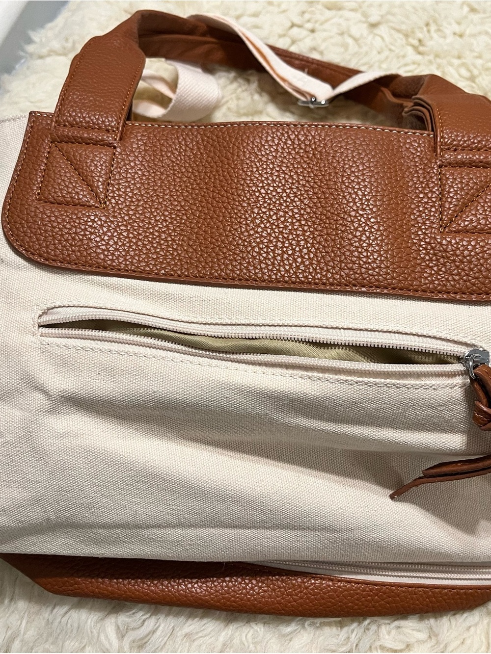 Cream Canvas Travel Tote with Brown Faux Leather Trim